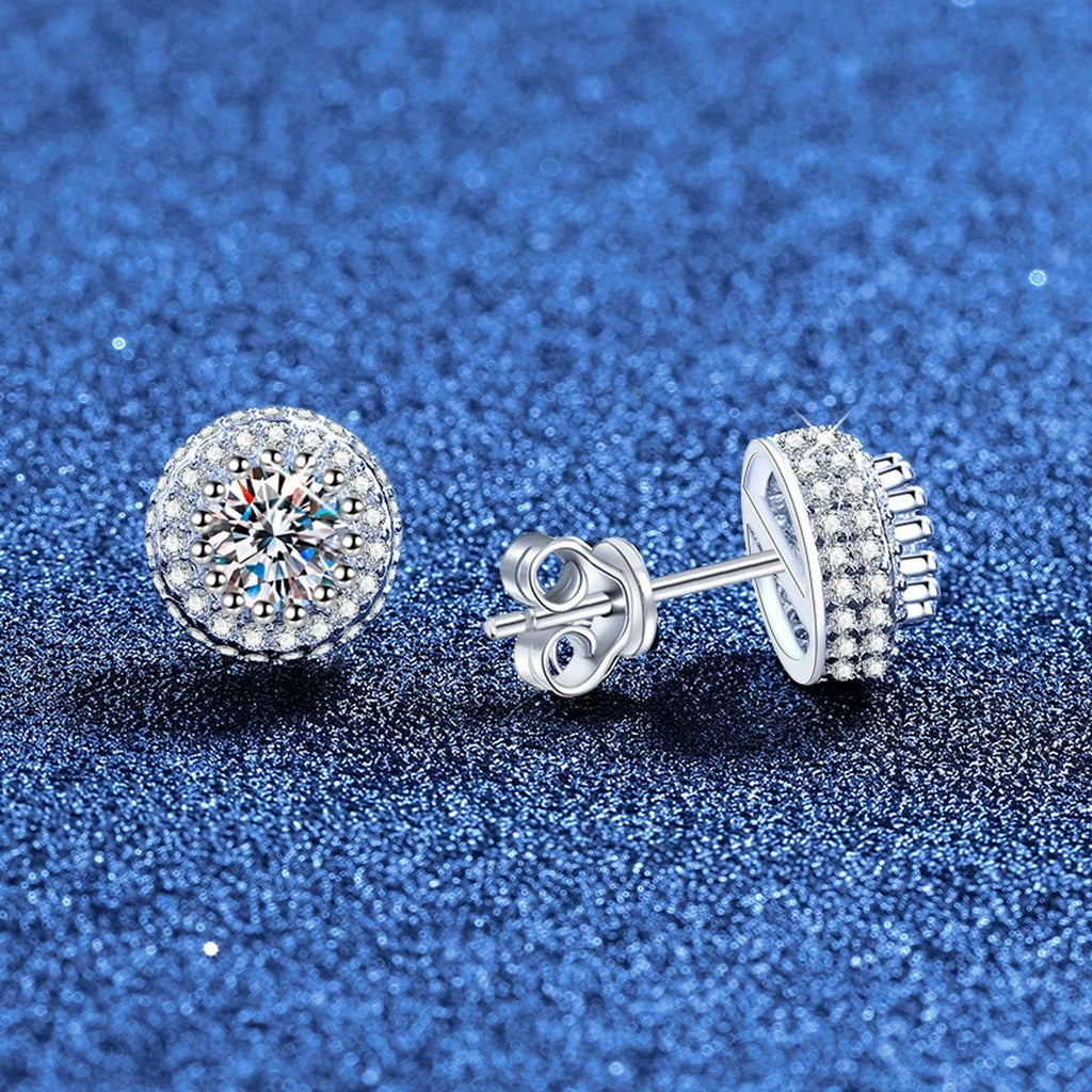 Round Halo Moissanite Stud Earrings with CZ in White Gold-Plated S925 Sterling Silver blue scene angled view