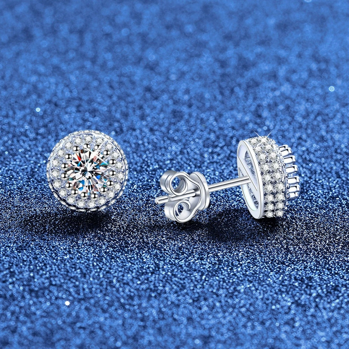 Round Halo Moissanite Stud Earrings with CZ in White Gold-Plated S925 Sterling Silver blue scene angled view