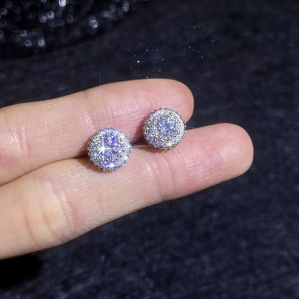 Round Halo Moissanite Stud Earrings with CZ in White Gold-Plated S925 Sterling Silver close-up product detail view