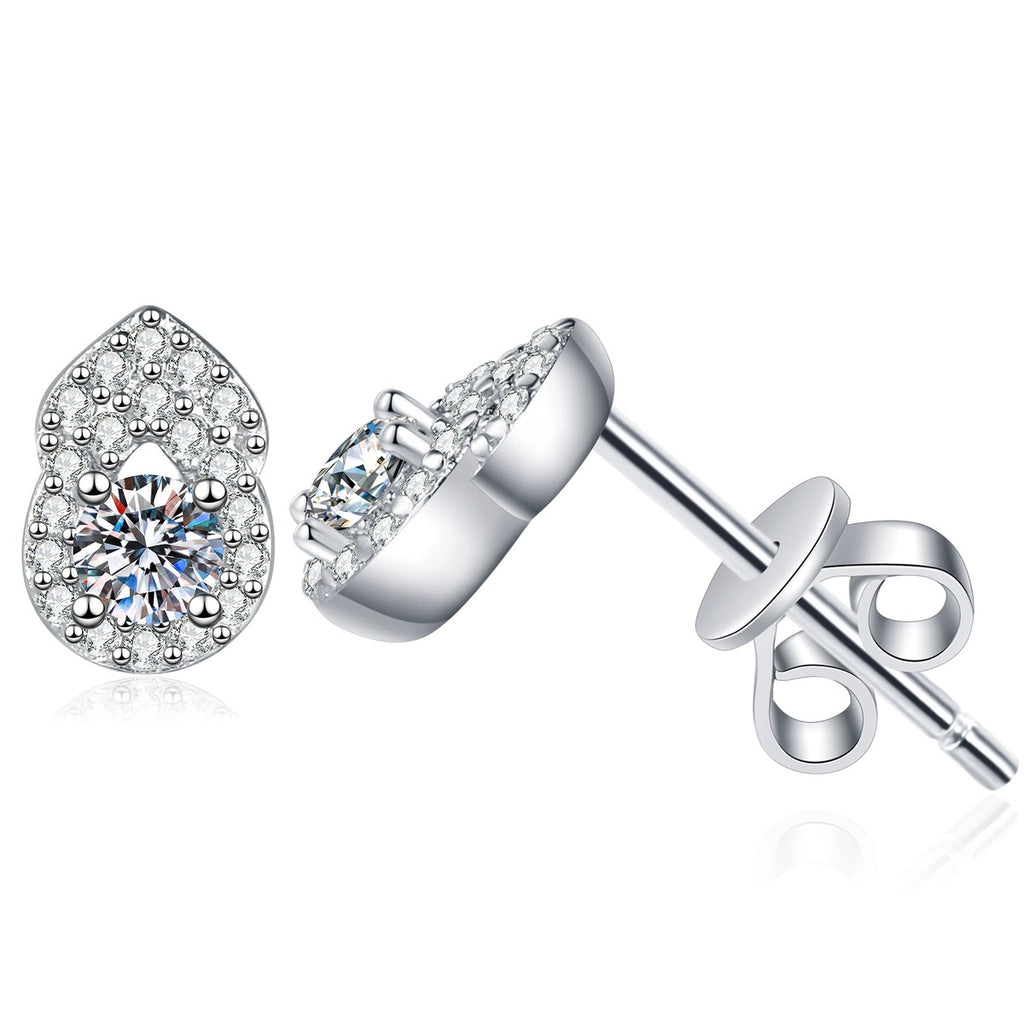 Pear Moissanite Stud Earrings with CZ in White Gold-Plated S925 Sterling Silver on clean white background showing a pear-shaped stud with a small round moissanite accent