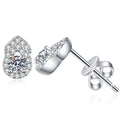 Pear Moissanite Stud Earrings with CZ in White Gold-Plated S925 Sterling Silver on clean white background showing a pear-shaped stud with a small round moissanite accent