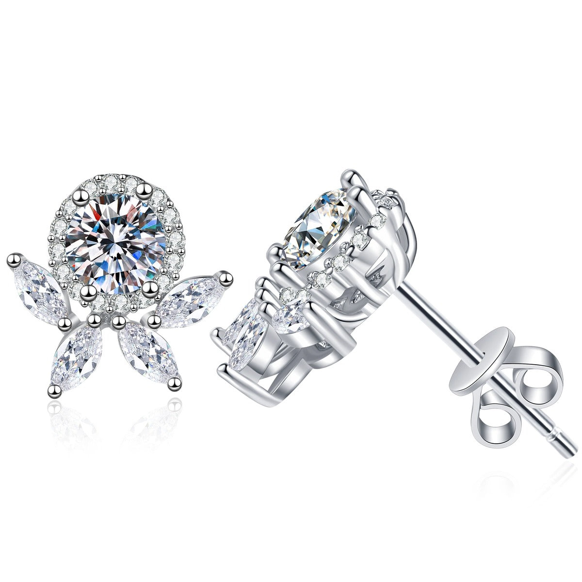 Floral Moissanite Stud Earrings with CZ in White Gold-Plated S925 Sterling Silver on clean white background showing a floral stud with a round moissanite center and CZ petals