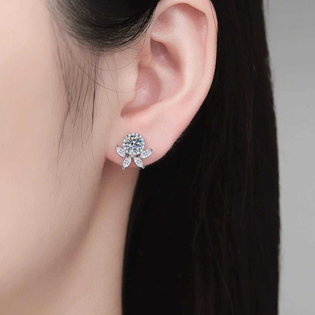 Floral Moissanite Stud Earrings with CZ in White Gold-Plated S925 Sterling Silver worn on ear by model