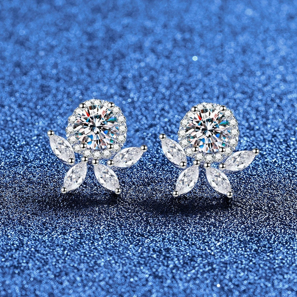 Floral Moissanite Stud Earrings with CZ in White Gold-Plated S925 Sterling Silver blue scene product view