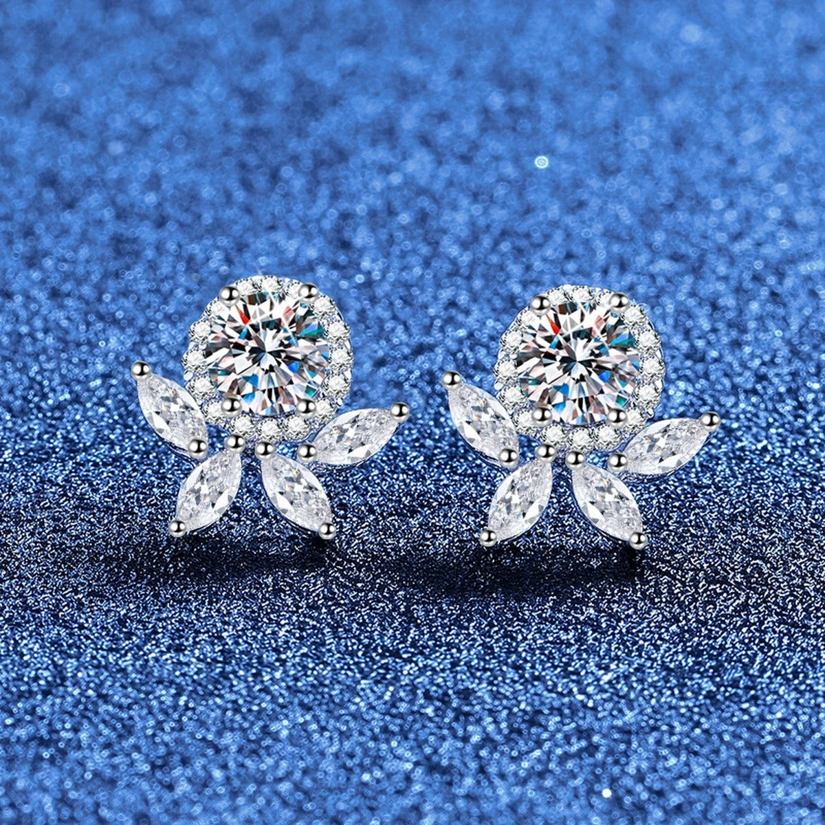 Floral Moissanite Stud Earrings with CZ in White Gold-Plated S925 Sterling Silver blue scene product view