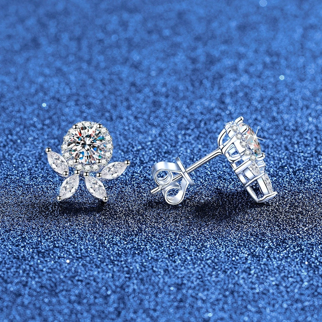 Floral Moissanite Stud Earrings with CZ in White Gold-Plated S925 Sterling Silver blue scene angled view