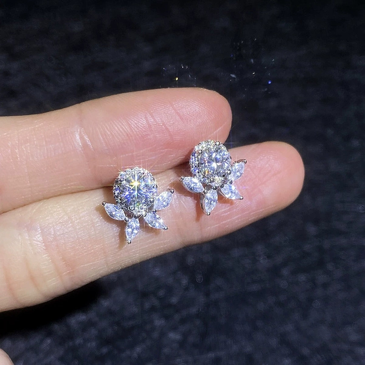 Floral Moissanite Stud Earrings with CZ in White Gold-Plated S925 Sterling Silver close-up product detail view