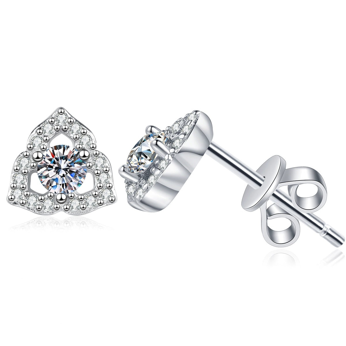 Pear Halo Moissanite Stud Earrings with CZ in White Gold-Plated S925 Sterling Silver on clean white background showing a petite pear halo stud with a small moissanite center