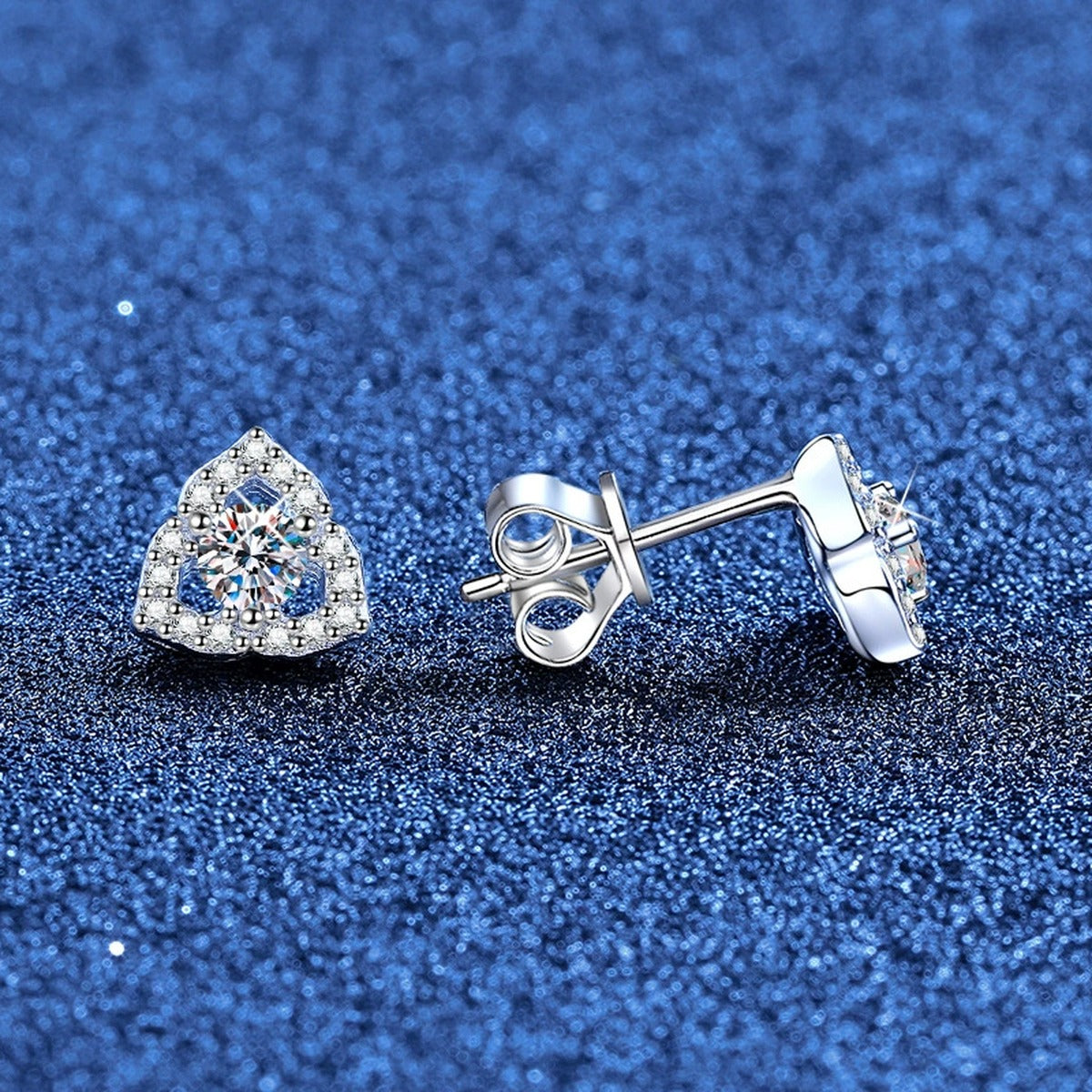 Pear Halo Moissanite Stud Earrings with CZ in White Gold-Plated S925 Sterling Silver blue scene product view