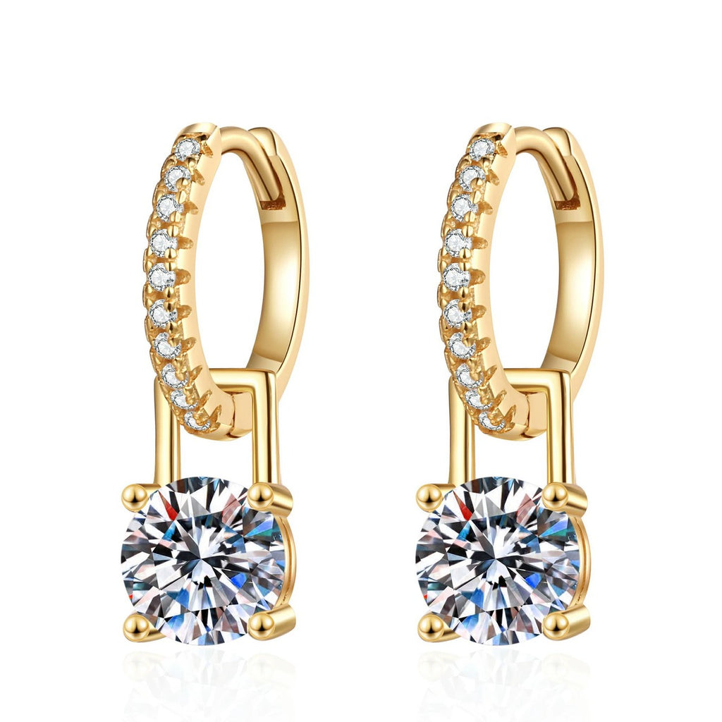 Round Moissanite Huggie Hoop Earrings with CZ in Yellow Gold-Plated S925 Sterling Silver on clean white background showing a yellow gold huggie hoop with a round moissanite focal stone and CZ trail