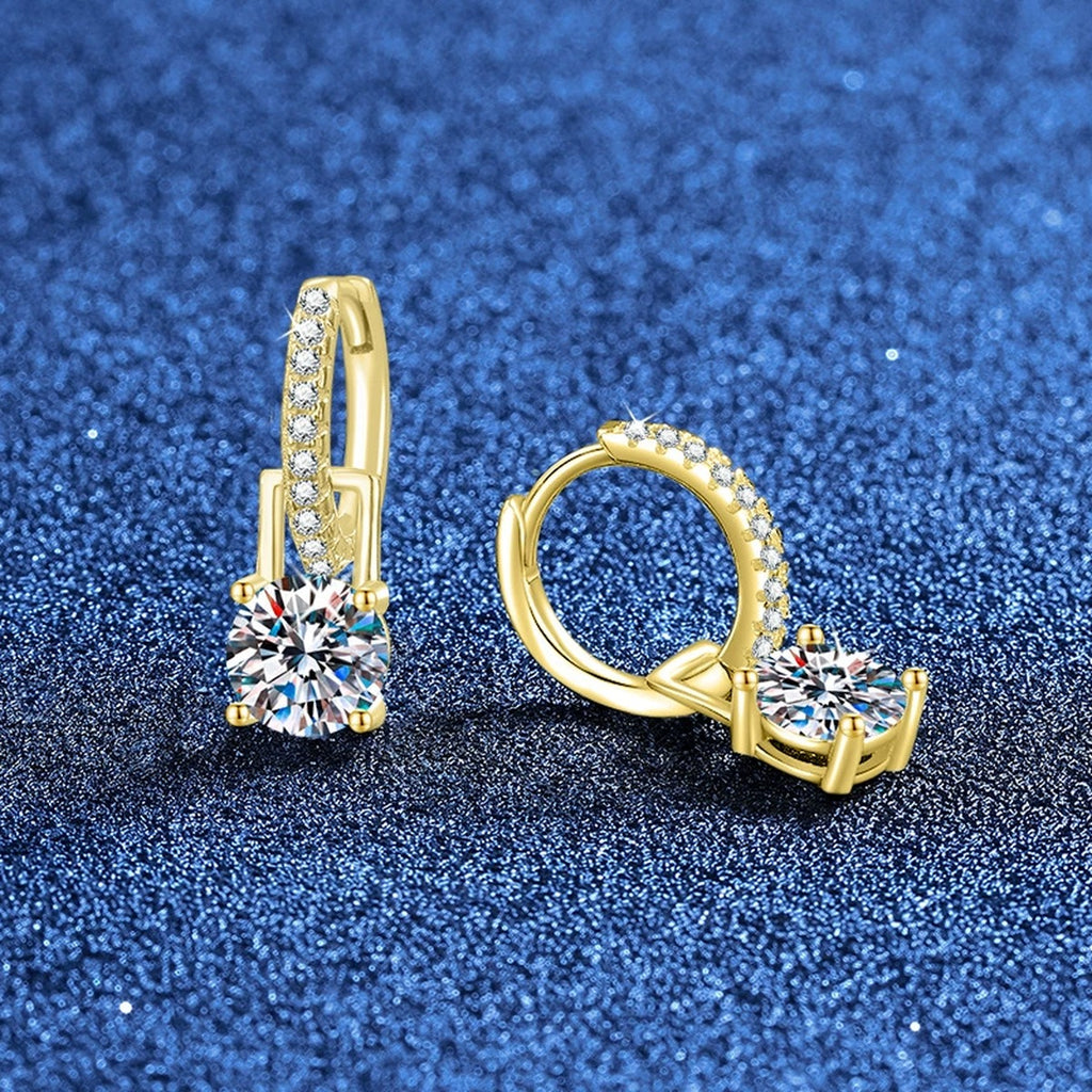 Round Moissanite Huggie Hoop Earrings with CZ in Yellow Gold-Plated S925 Sterling Silver blue scene product view