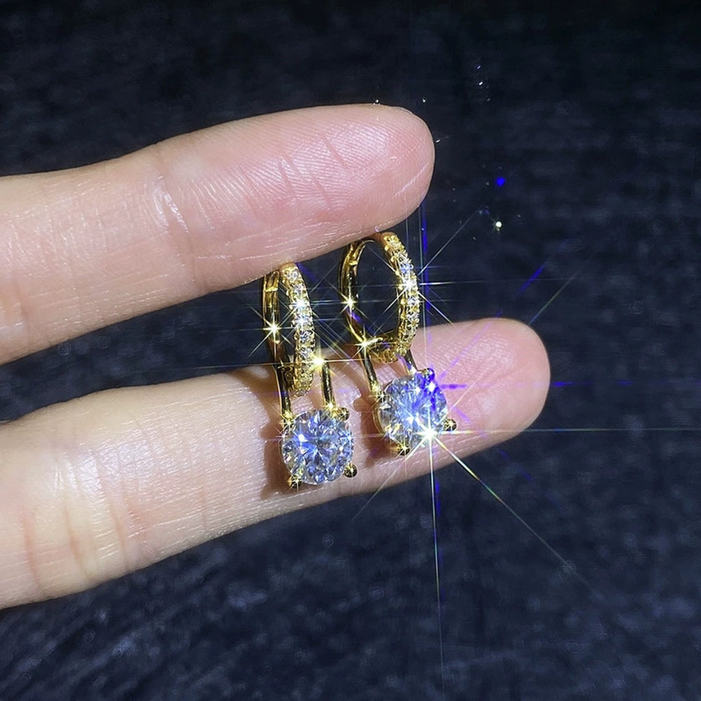 Round Moissanite Huggie Hoop Earrings with CZ in Yellow Gold-Plated S925 Sterling Silver close-up product detail view