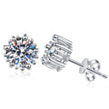 Round Moissanite Stud Earrings in White Gold-Plated S925 Sterling Silver on clean white background showing a round solitaire stud with a simple polished basket setting
