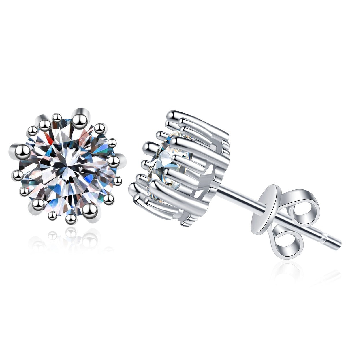 Round Moissanite Stud Earrings in White Gold-Plated S925 Sterling Silver on clean white background showing a round solitaire stud with a simple polished basket setting