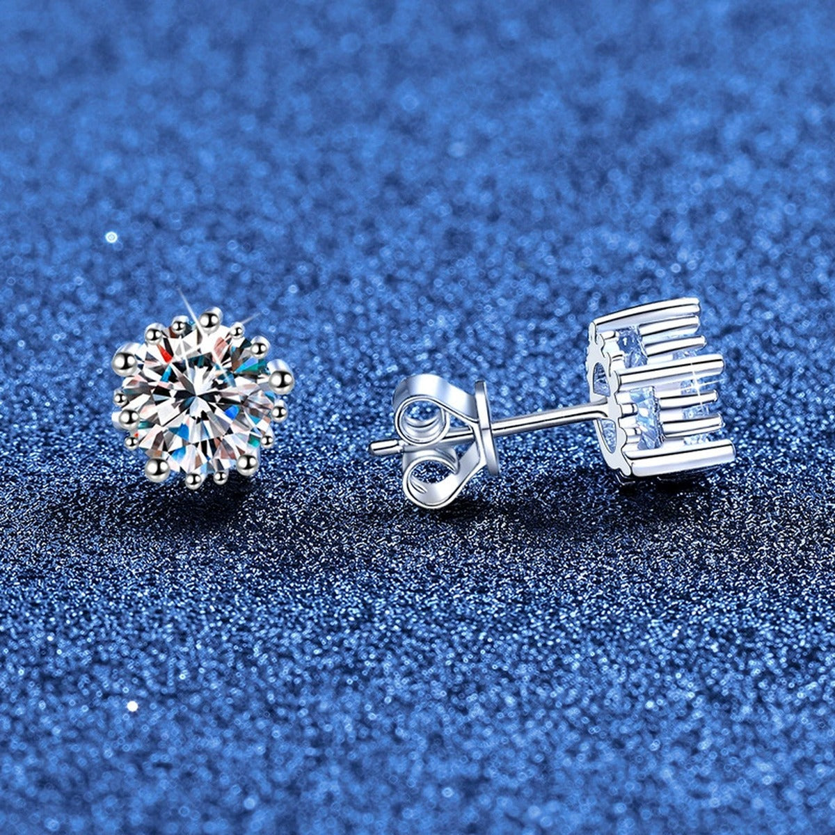 Round Moissanite Stud Earrings in White Gold-Plated S925 Sterling Silver blue scene product view