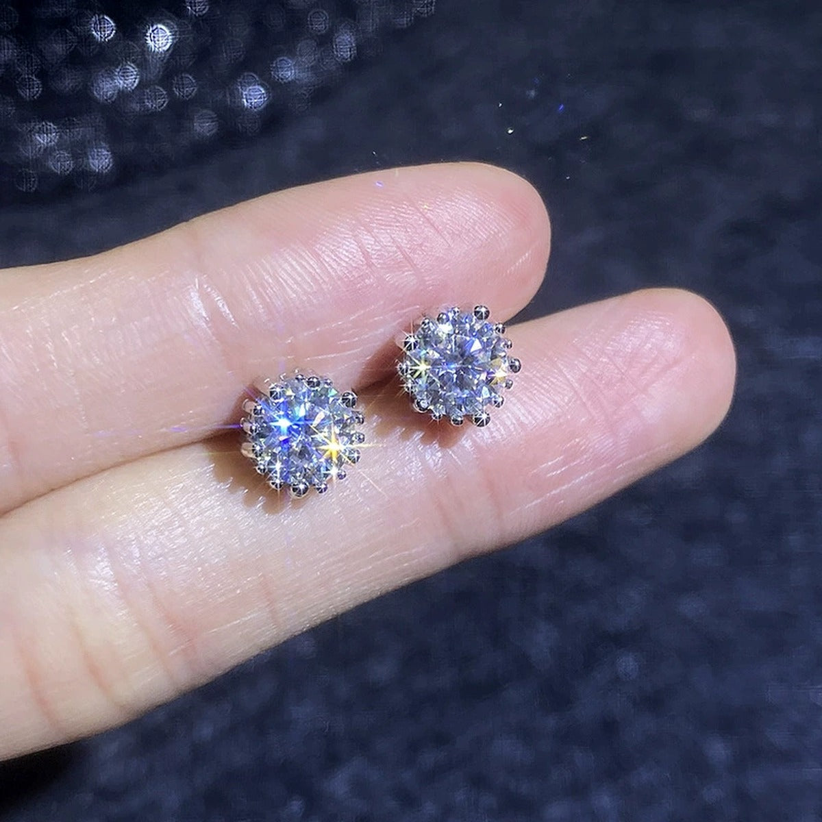 Round Moissanite Stud Earrings in White Gold-Plated S925 Sterling Silver close-up product detail view