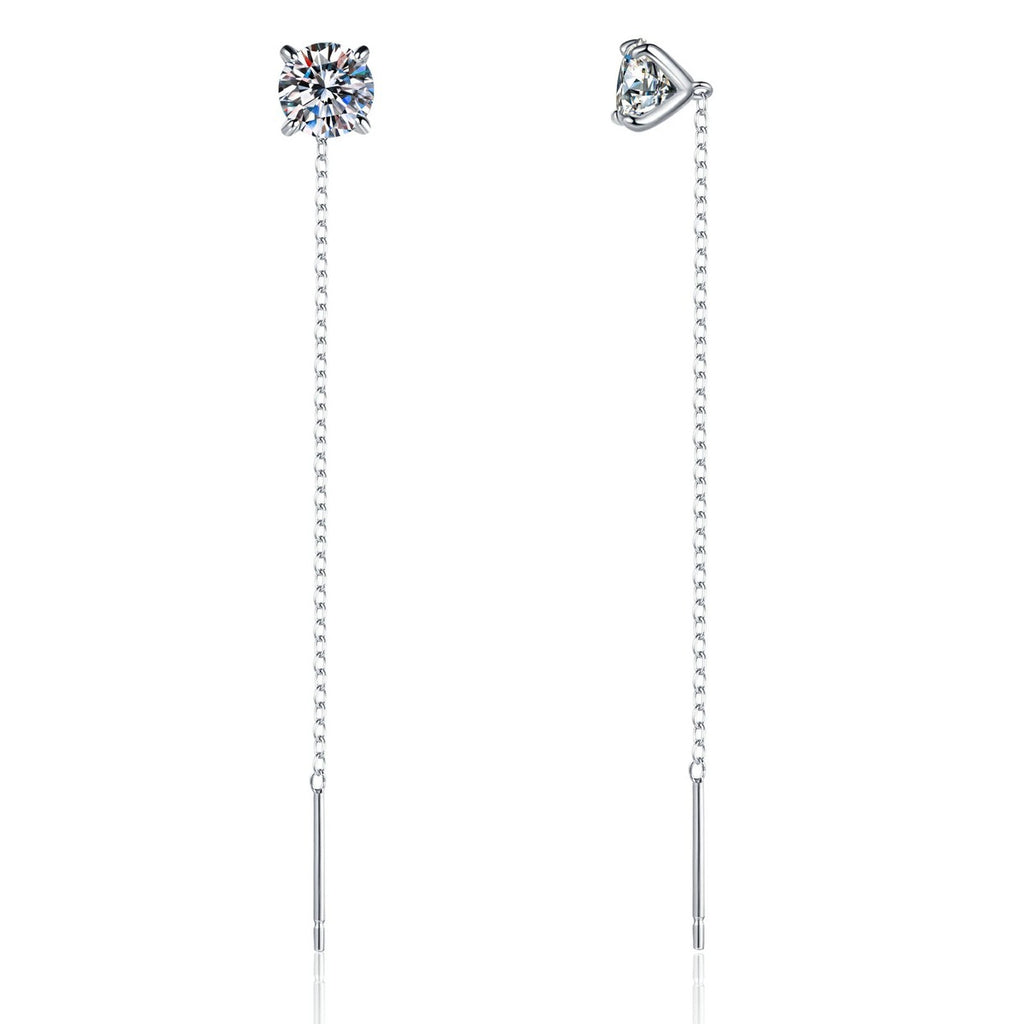 Round Moissanite Threader Drop Earrings in White Gold-Plated S925 Sterling Silver on clean white background showing a fine threader drop earring finished with round moissanite stones