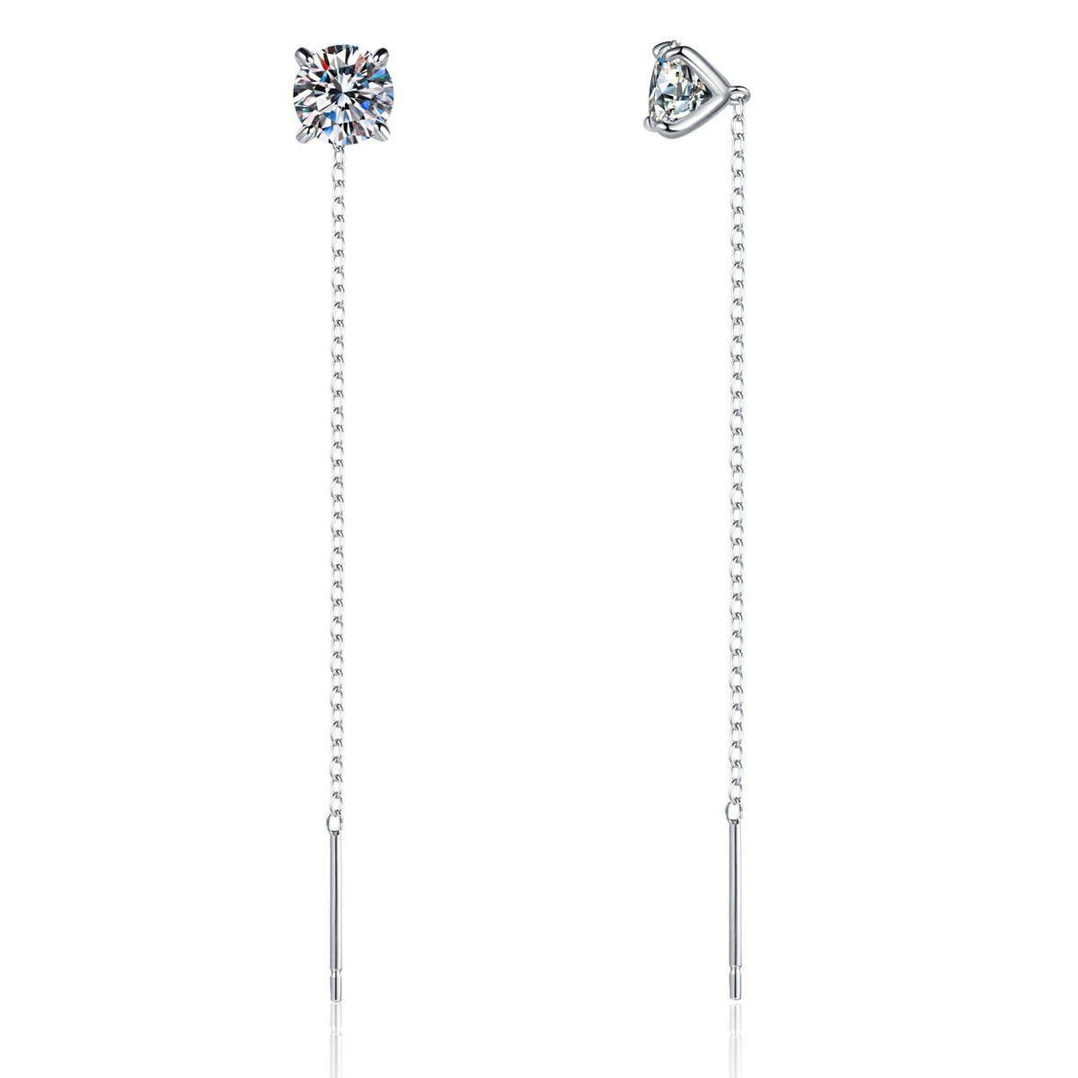 Round Moissanite Threader Drop Earrings in White Gold-Plated S925 Sterling Silver on clean white background showing a fine threader drop earring finished with round moissanite stones
