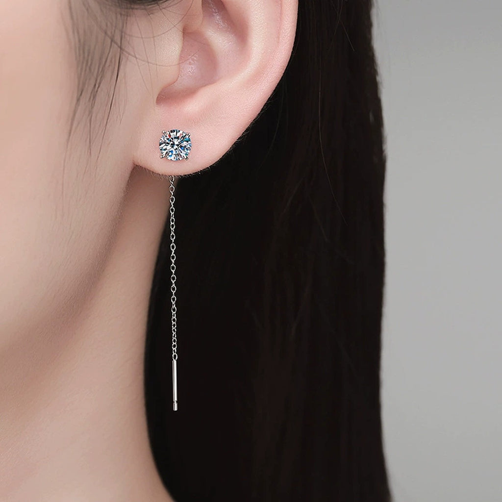 Round Moissanite Threader Drop Earrings in White Gold-Plated S925 Sterling Silver worn on ear by model