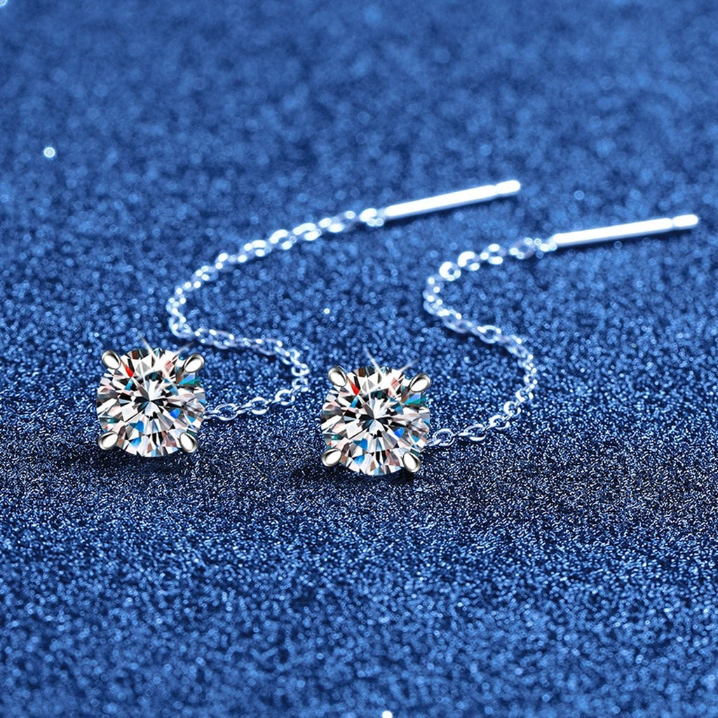 Round Moissanite Threader Drop Earrings in White Gold-Plated S925 Sterling Silver blue scene product view