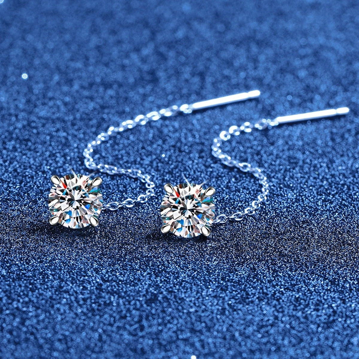 Round Moissanite Threader Drop Earrings in White Gold-Plated S925 Sterling Silver blue scene product view