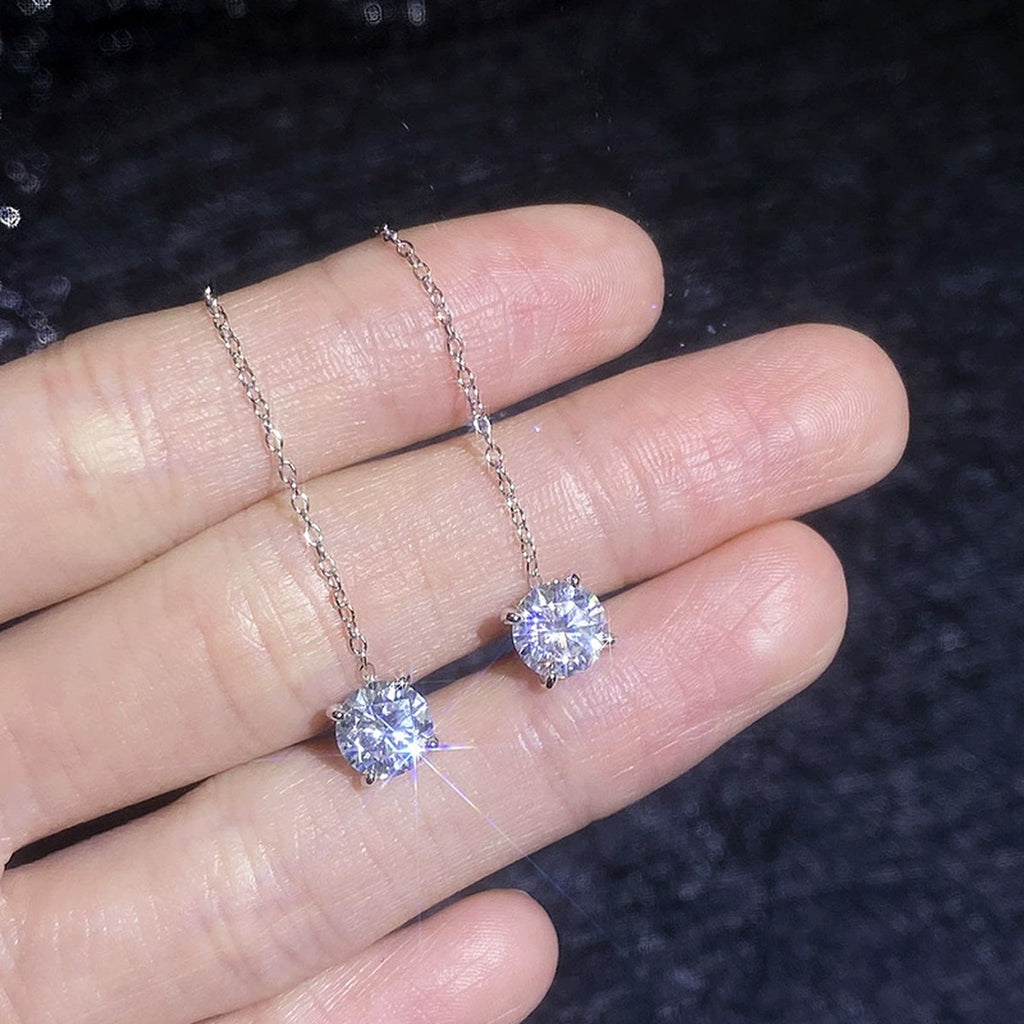 Round Moissanite Threader Drop Earrings in White Gold-Plated S925 Sterling Silver close-up product detail view