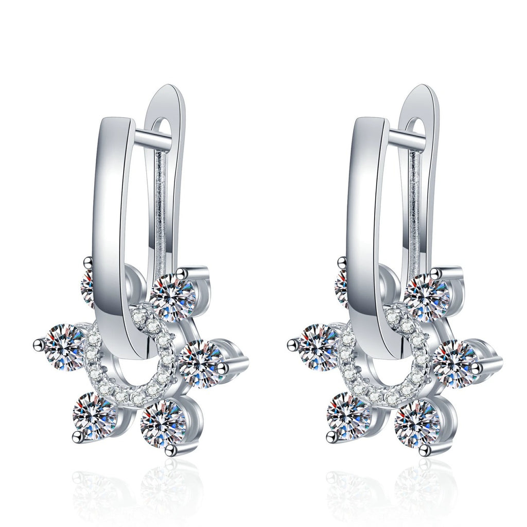 Floral Moissanite Hoop Drop Earrings with CZ in White Gold-Plated S925 Sterling Silver on clean white background showing a floral hoop drop silhouette with layered moissanite sparkle