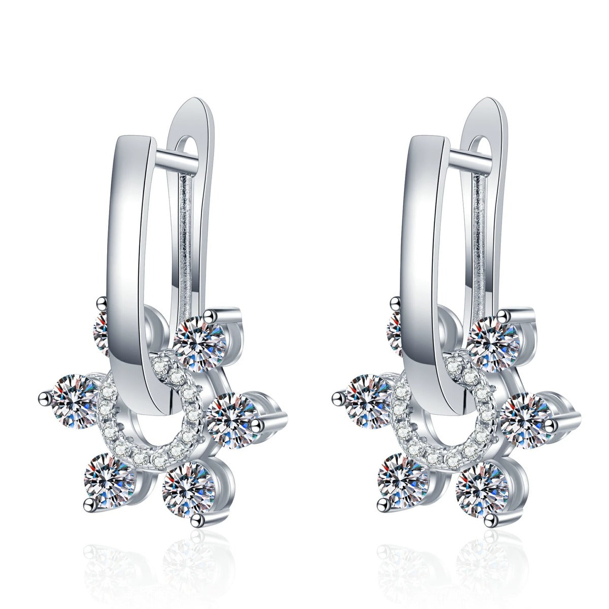 Floral Moissanite Hoop Drop Earrings with CZ in White Gold-Plated S925 Sterling Silver on clean white background showing a floral hoop drop silhouette with layered moissanite sparkle