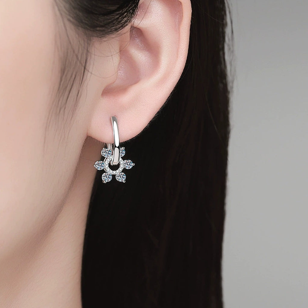 Floral Moissanite Hoop Drop Earrings with CZ in White Gold-Plated S925 Sterling Silver worn on ear by model
