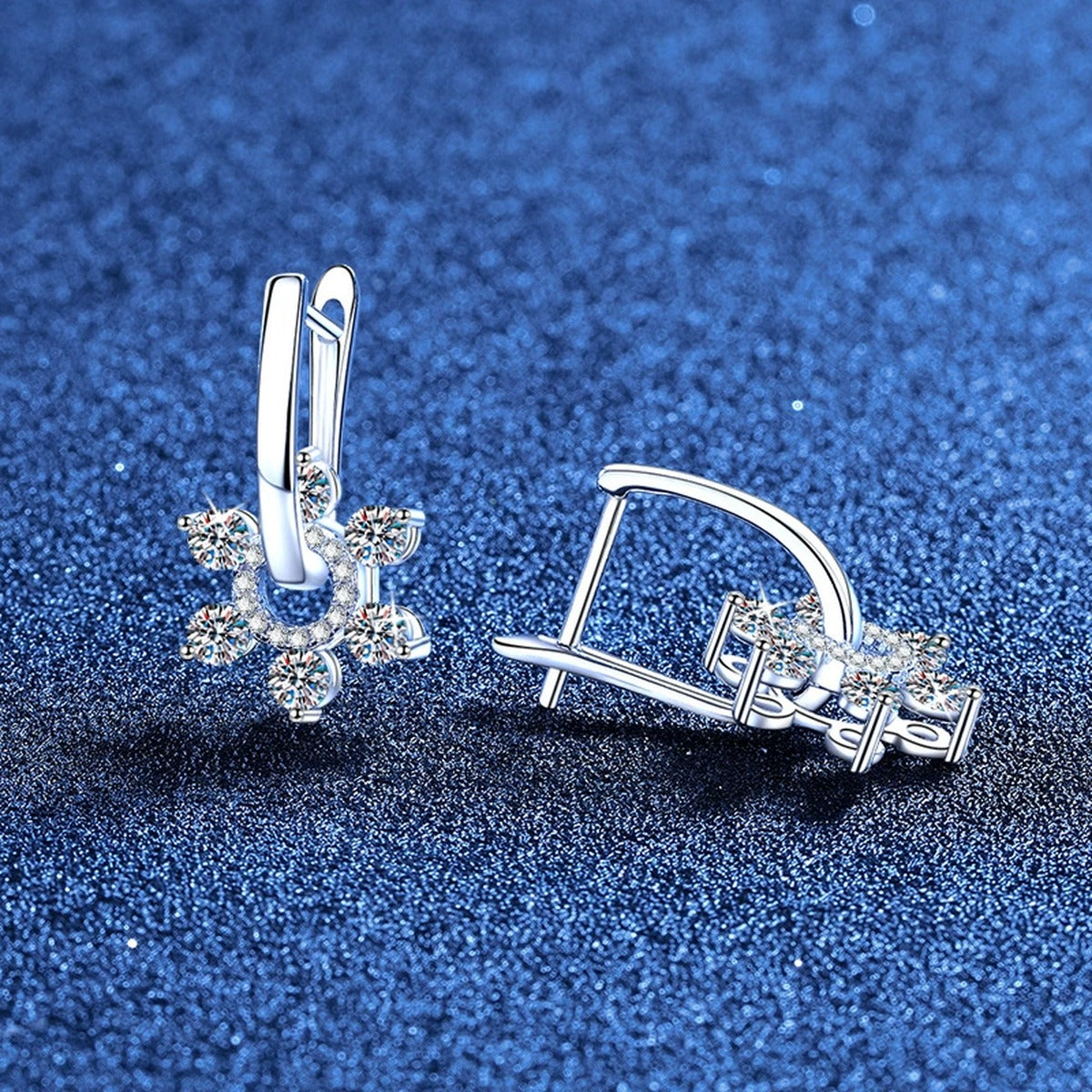 Floral Moissanite Hoop Drop Earrings with CZ in White Gold-Plated S925 Sterling Silver blue scene product view
