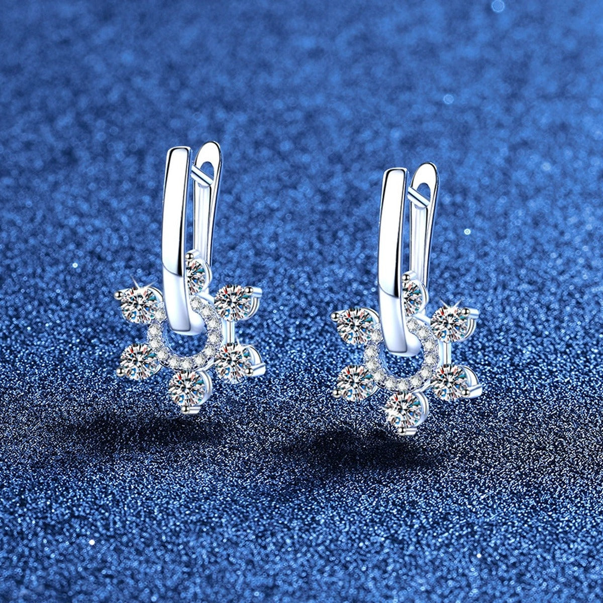 Floral Moissanite Hoop Drop Earrings with CZ in White Gold-Plated S925 Sterling Silver blue scene angled view