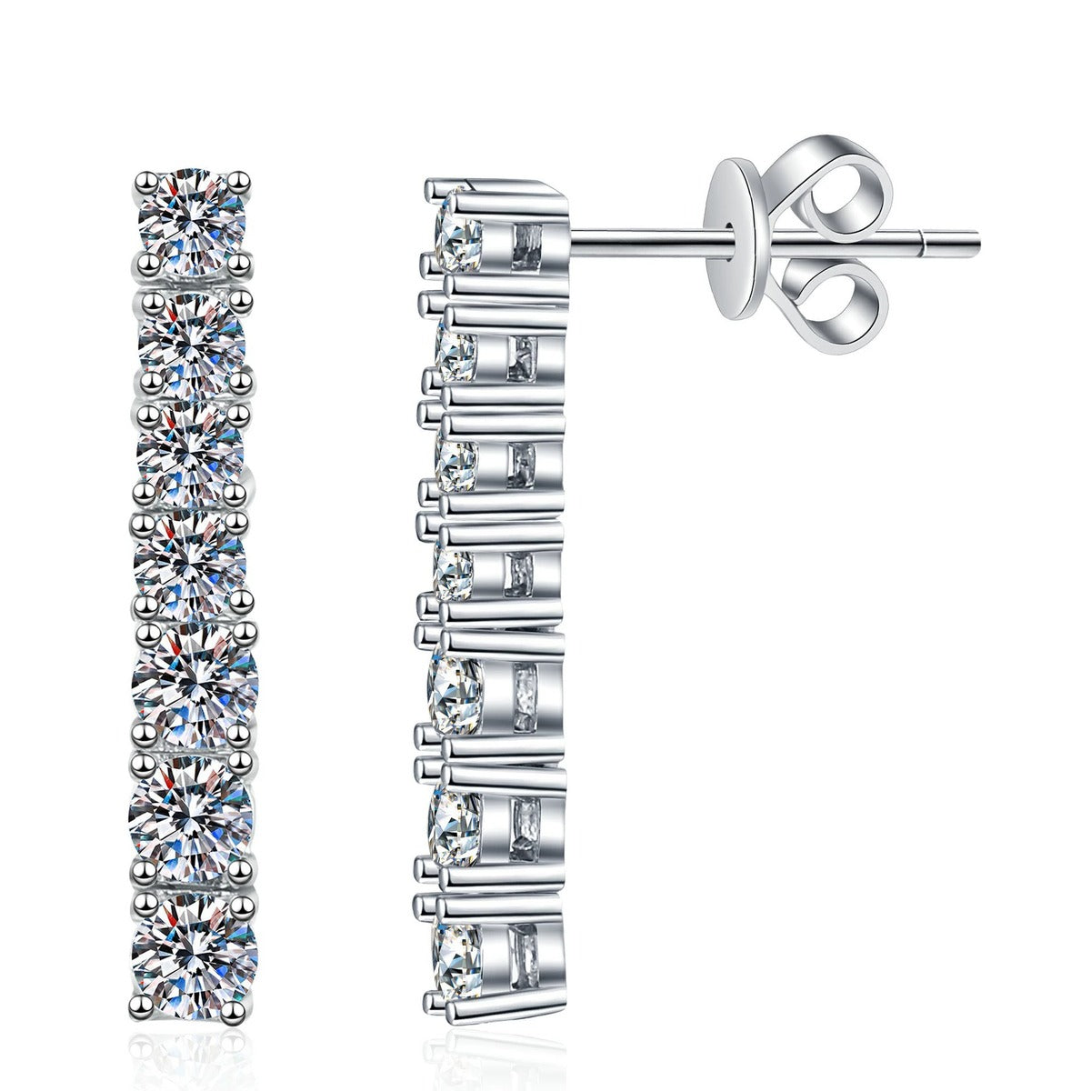 Bar Moissanite Drop Earrings in White Gold-Plated S925 Sterling Silver on clean white background showing a vertical bar drop earring with round moissanite stones
