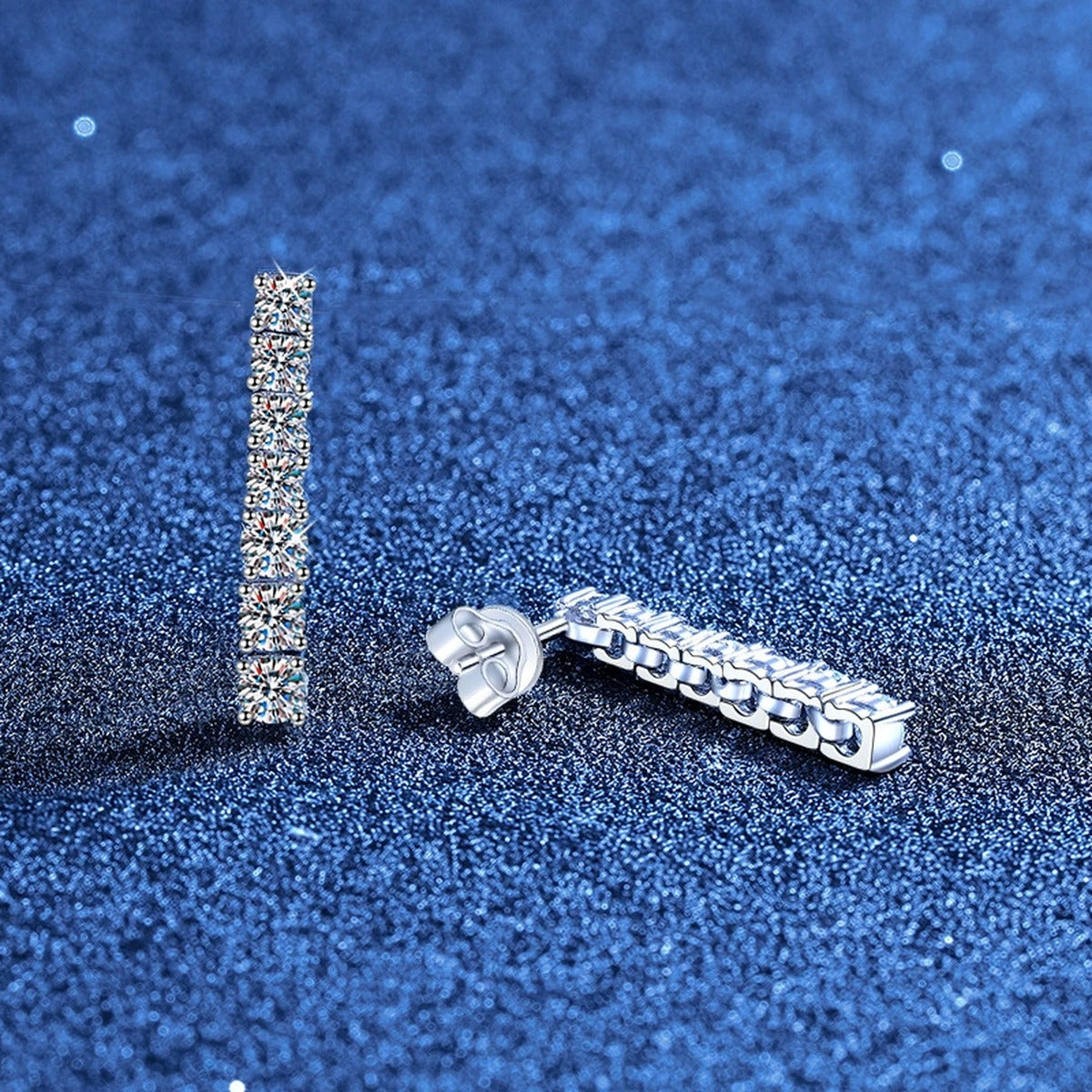 Bar Moissanite Drop Earrings in White Gold-Plated S925 Sterling Silver blue scene angled view