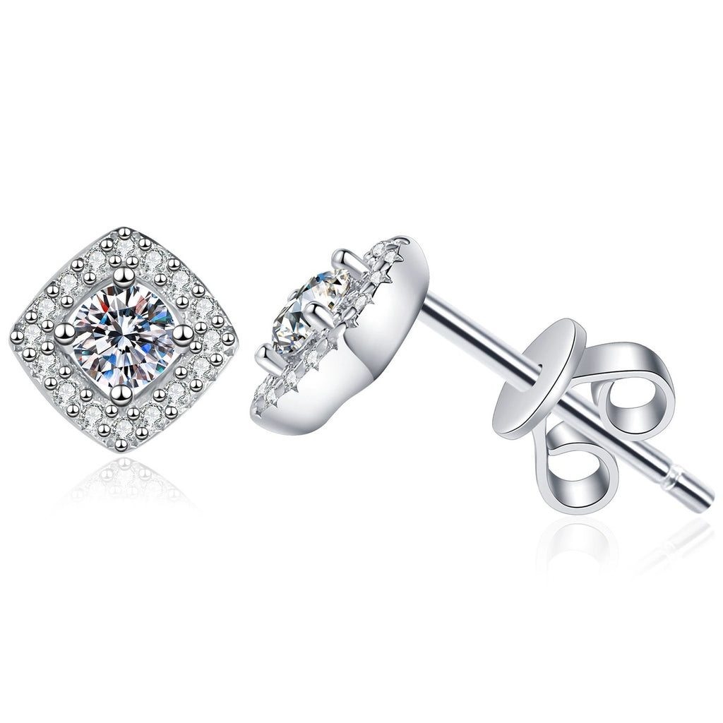Cushion Halo Moissanite Stud Earrings with CZ in White Gold-Plated S925 Sterling Silver on clean white background showing a cushion halo stud with a small round moissanite center