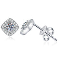 Cushion Halo Moissanite Stud Earrings with CZ in White Gold-Plated S925 Sterling Silver on clean white background showing a cushion halo stud with a small round moissanite center