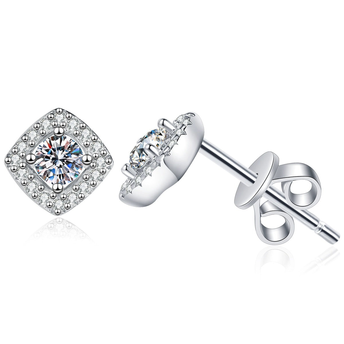 Cushion Halo Moissanite Stud Earrings with CZ in White Gold-Plated S925 Sterling Silver on clean white background showing a cushion halo stud with a small round moissanite center