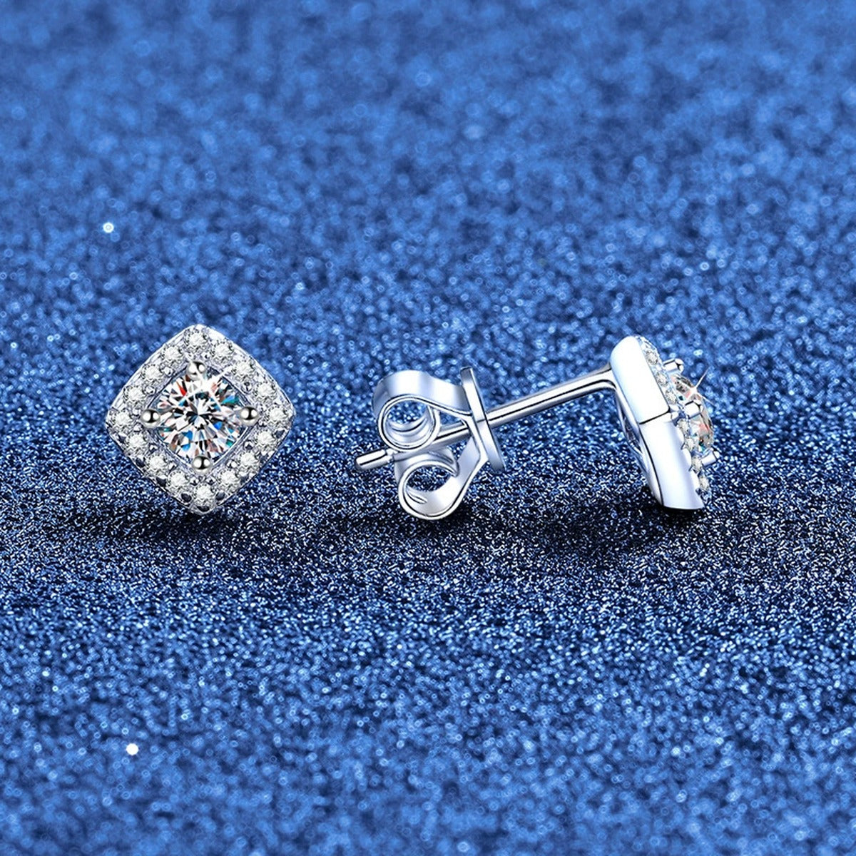 Cushion Halo Moissanite Stud Earrings with CZ in White Gold-Plated S925 Sterling Silver blue scene product view