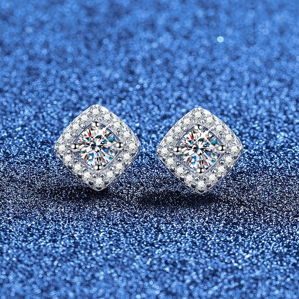 Cushion Halo Moissanite Stud Earrings with CZ in White Gold-Plated S925 Sterling Silver blue scene angled view
