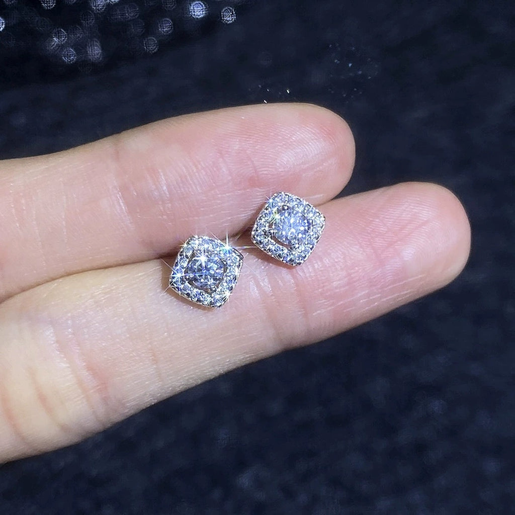 Cushion Halo Moissanite Stud Earrings with CZ in White Gold-Plated S925 Sterling Silver close-up product detail view