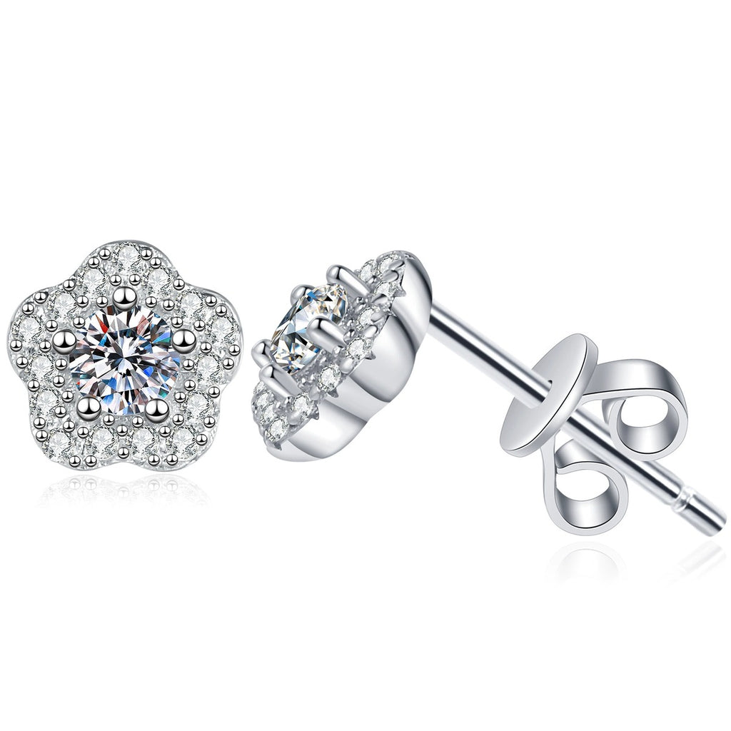 Flower Moissanite Stud Earrings with CZ in White Gold-Plated S925 Sterling Silver on clean white background showing a rounded flower stud with a small moissanite center