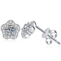 Flower Moissanite Stud Earrings with CZ in White Gold-Plated S925 Sterling Silver on clean white background showing a rounded flower stud with a small moissanite center