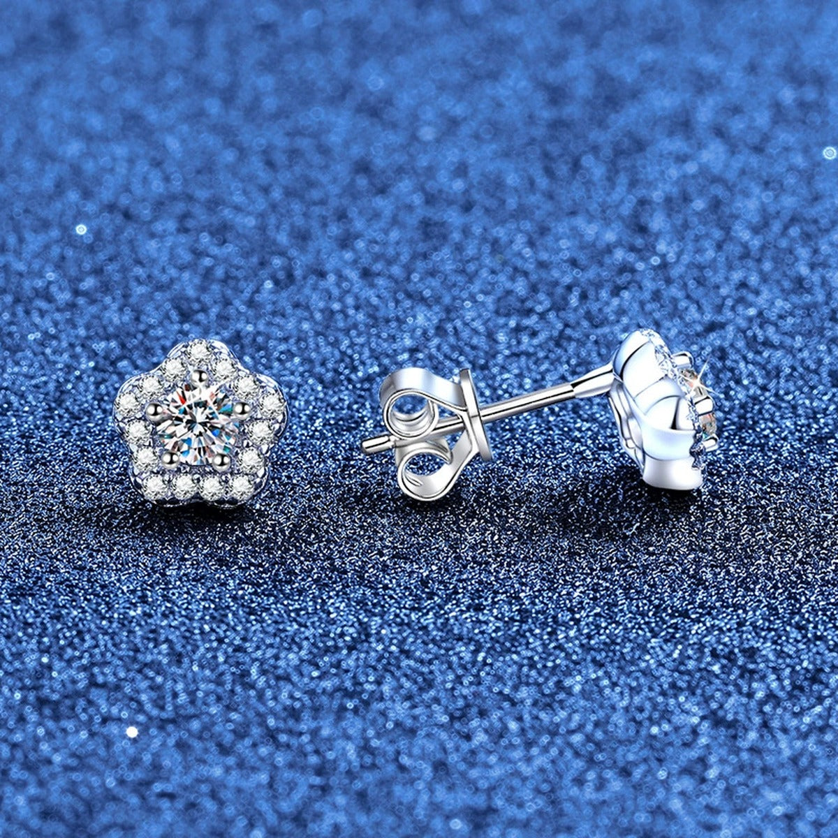 Flower Moissanite Stud Earrings with CZ in White Gold-Plated S925 Sterling Silver blue scene product view