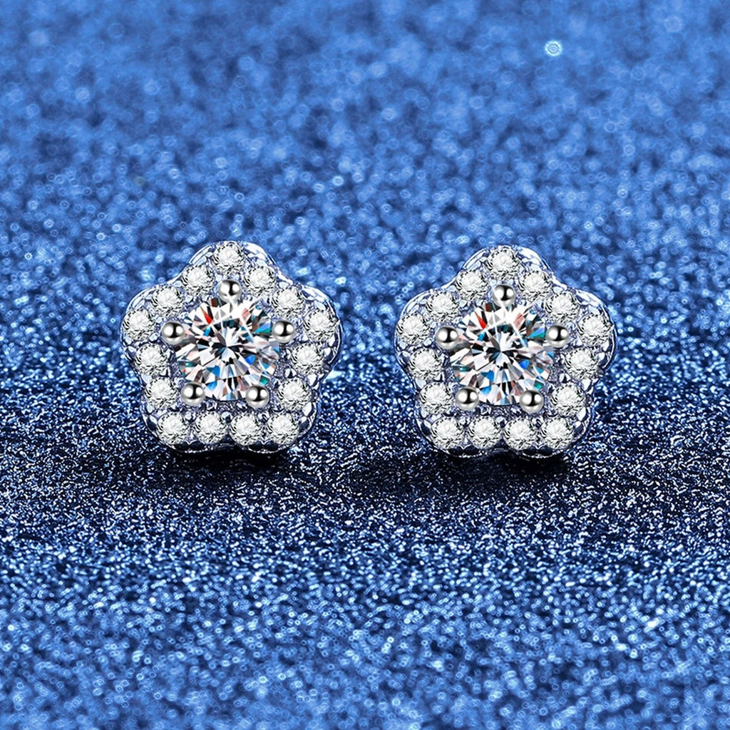 Flower Moissanite Stud Earrings with CZ in White Gold-Plated S925 Sterling Silver blue scene angled view