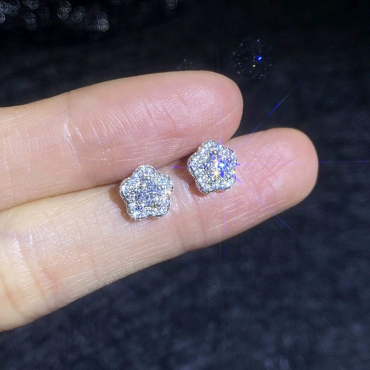 Flower Moissanite Stud Earrings with CZ in White Gold-Plated S925 Sterling Silver close-up product detail view
