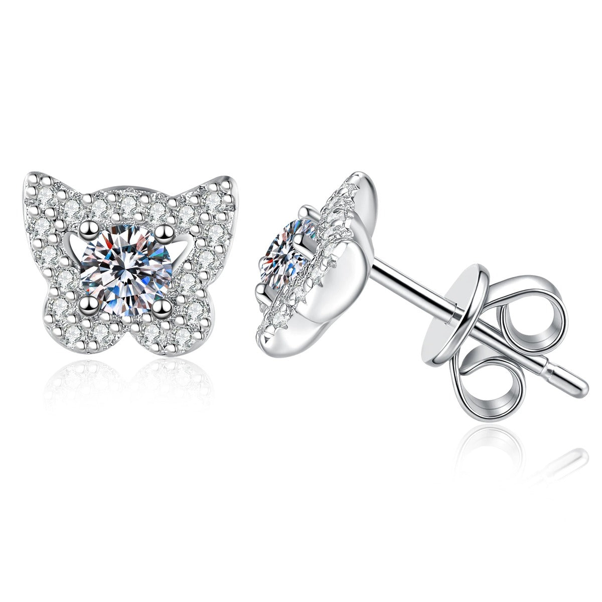 Butterfly Halo Moissanite Stud Earrings in White Gold-Plated S925 Sterling Silver with CZ on clean white background showing a butterfly halo stud silhouette