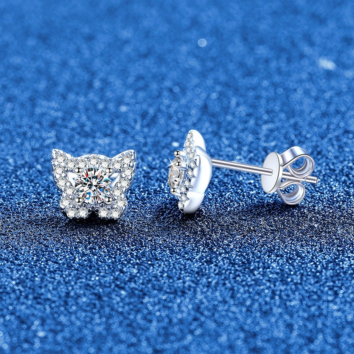 Butterfly Halo Moissanite Stud Earrings in White Gold-Plated S925 Sterling Silver with CZ blue scene product view