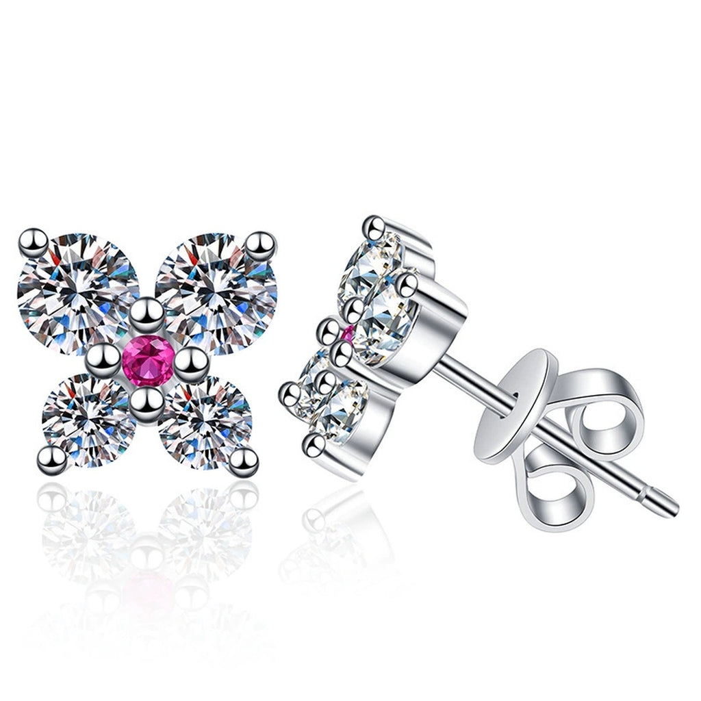 Butterfly Moissanite Stud Earrings with CZ in White Gold-Plated S925 Sterling Silver on clean white background showing a butterfly-inspired stud with pink and white moissanite sparkle