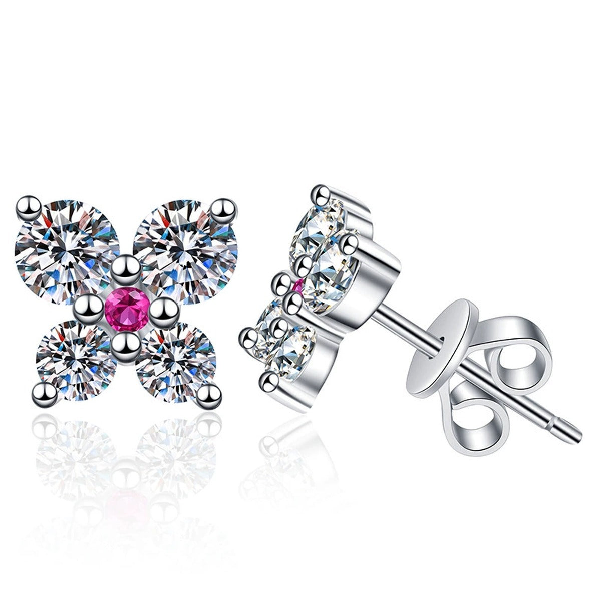 Butterfly Moissanite Stud Earrings with CZ in White Gold-Plated S925 Sterling Silver on clean white background showing a butterfly-inspired stud with pink and white moissanite sparkle