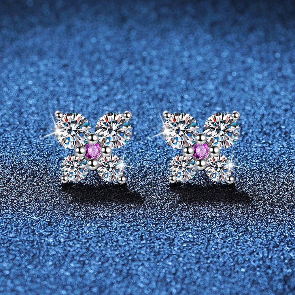 Butterfly Moissanite Stud Earrings with CZ in White Gold-Plated S925 Sterling Silver blue scene product view