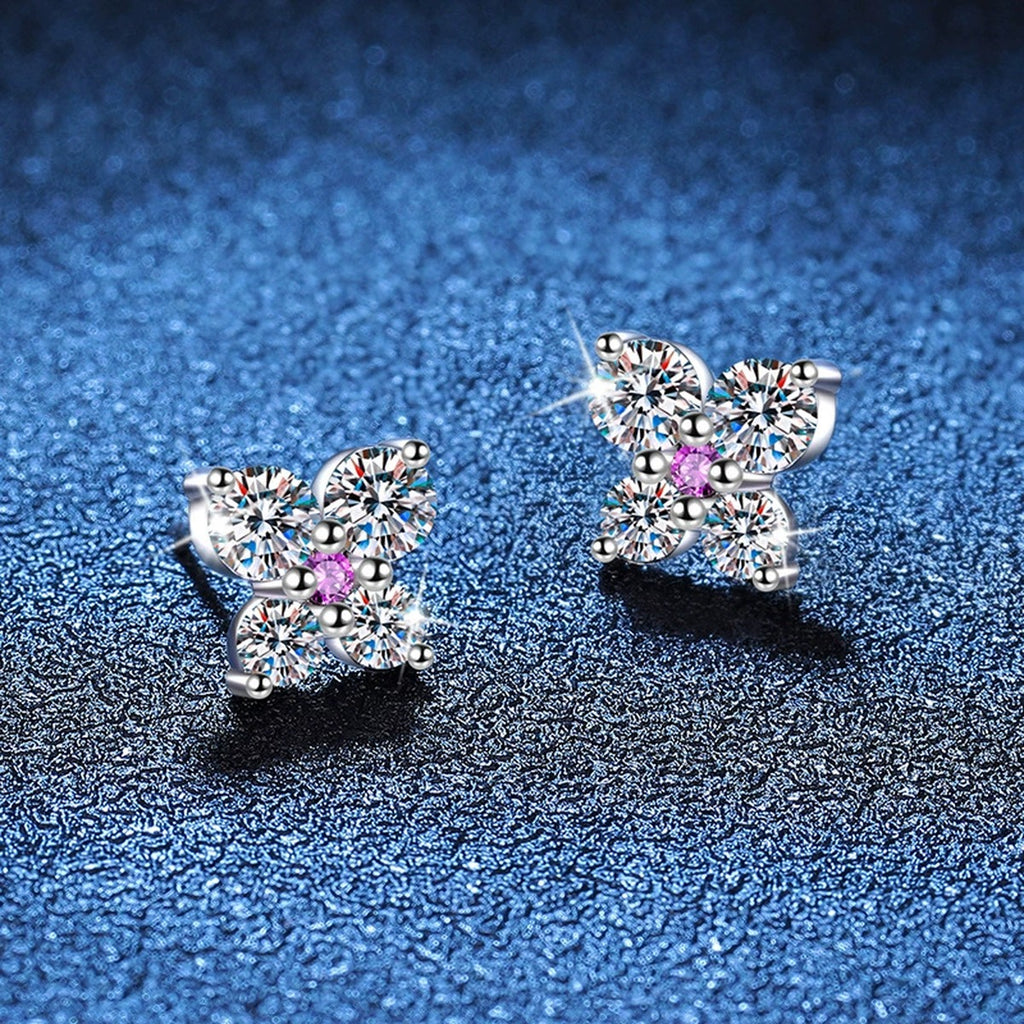 Butterfly Moissanite Stud Earrings with CZ in White Gold-Plated S925 Sterling Silver blue scene angled view